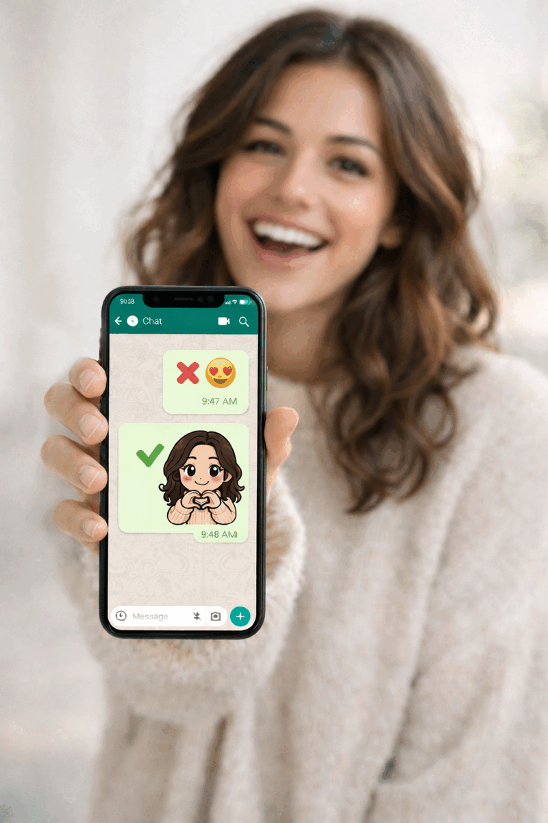 Young woman showing WhatsApp conversation with custom AI-generated stickers of herself